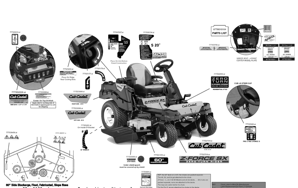 Label Map Diagram and Parts List for Z-FORCESX60KW (47RIDGJD010)(2022) Cub Cadet Lawn Tractor